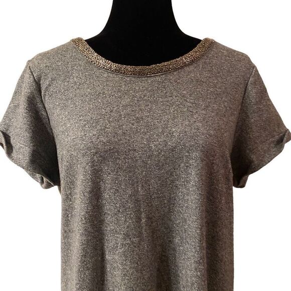 Ann Taylor LOFT Casual Gray Short Sleeve Sheath Dress with Metallic Trimmed Coll - Picture 2 of 12